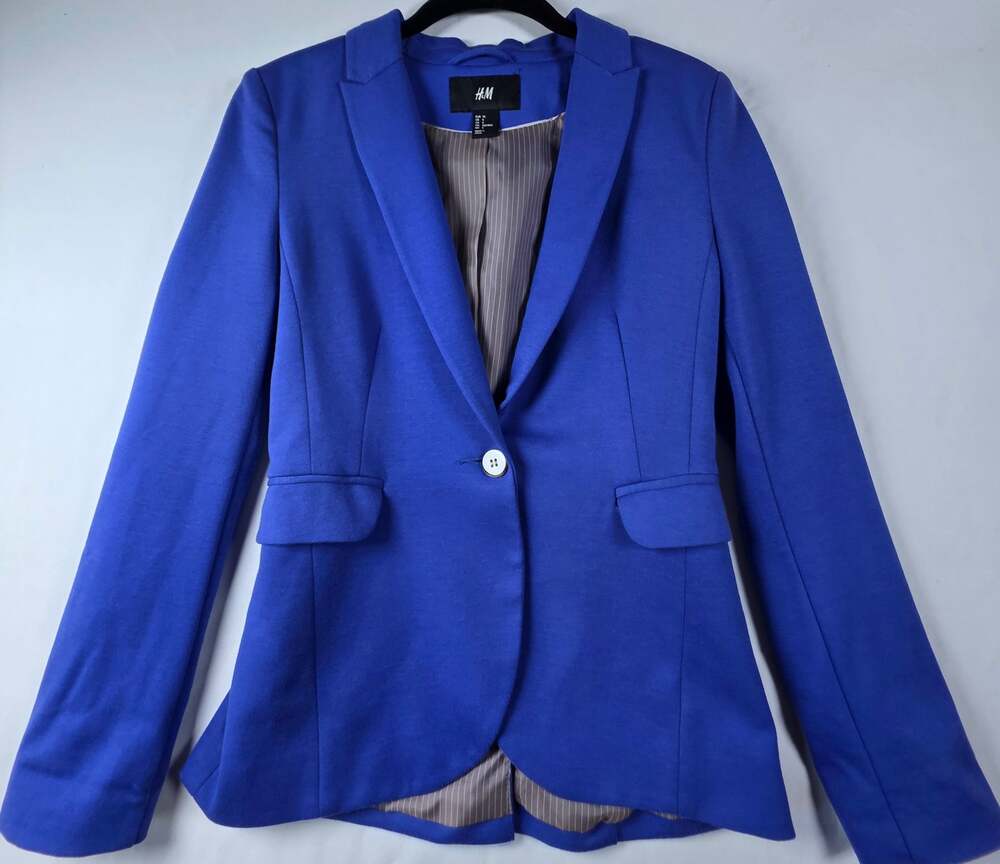 H&M Vibrant Royal Blue Single Button Fitted Blazer Front Flap Pockets Size 4